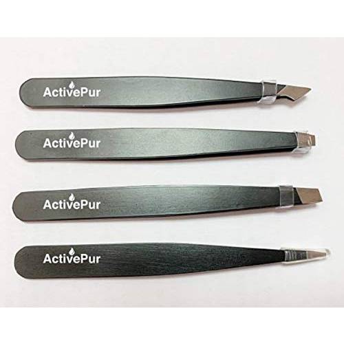 ActivePur, 4 Pcs Tweezers Set Precision for Facial Hair, Ingrown Hair, Splinter for Eyebrows Blackhead and Tick Remover, Best Professional Stainless Steel Seller Hair Remover Tweezer Set w/PU Bag.
