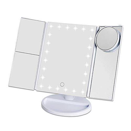 bemelux Tri-fold Vanity Mirror Light with 10x Magnetic Small Lens, 1X/2X/3X Magnification, Touch Control, Foldable, Dual Power Supply, Detachable LED Vanity Mirror, Travel Portable, Gift for Women
