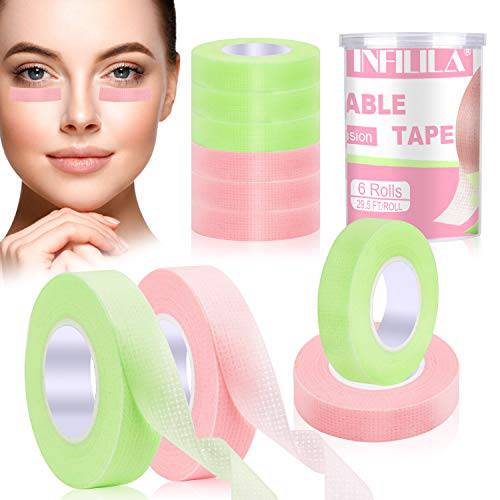 6 Rolls Lash Extension Tape,INFILILA Lash Tape For Lashes Eyelash Extension Tape Lash Tape Adhesive Breathable Micropore Tape Fabric lash Tape for Sensitive Skin Green & Pink (0.5 inch x 10 Yards)