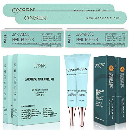Onsen Japanese Nail Buffer and Shine Kit - Professional Nail File, 3-Way Nail Buffer Block with Free Replacement Pads and Nail Strengthening Cuticle Cream for Healthy Nails, Nail Care Kit, 2pk