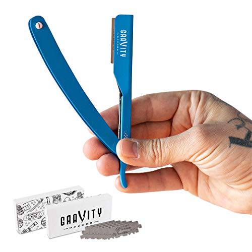 Professional Straight Razor - Ultra Exposed Straight Razor Kit with 10 Derby Premium Blades, 2mm Exposed (Blue)