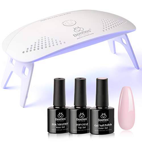 Beetles Nude Pink Gel Nail Polish Kit with UV LED Light Nail Lamp Starter Kit Base Gel Top Coat Soak Off Nude Pink Gel Polish Set with Nail File for DIY Home Manicure Christmas Nails Gift for Women