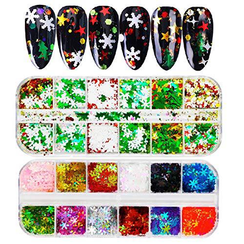 Bestkiy 24 Colors Christmas Nail Art Decals Glitter 3D Snowflake Christmas Tress Nail Stickers Sequins Holographic for Women Girls Xmas Nail Art DIY Decoration Design Supplies