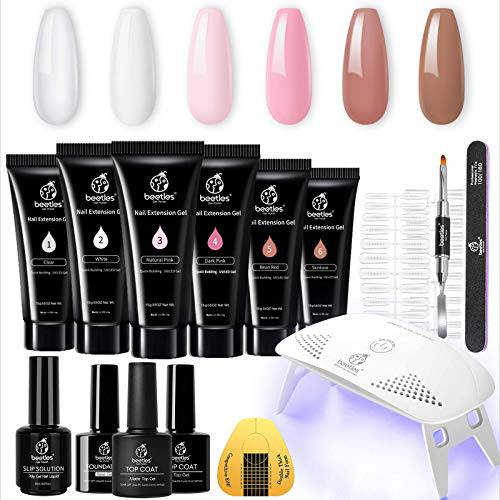 Beetles Poly Extension Gel Nail Kit, Builder Nail Gel Nail Enhancement Trial Kit Professional Nail Technician All-in-One French Kit with Mini Nail Lamp Base Matte Top Coat SlipSolution Starter Kit