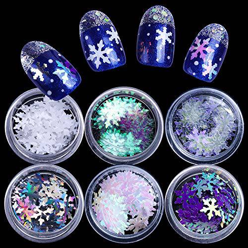 Snowflakes Nail Art Glitters Christmas Nail Stickers 3D Laser Holographic Snowflakes Nail Sequins Paillette XMAS Nail Supplies Sparkly Nail Manicure Decoration Chameleon Mirror Flakes Confetti 6 Boxes