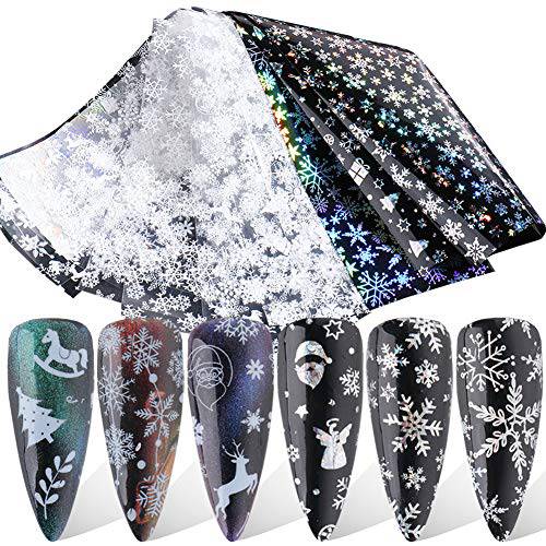 10 Sheets Snowflake Nail Foil Transfer Stickers Christmas Nail Art Supplies New Year Nail Foil Transfers Decals Laser White Snowflakes Xmas Tree Elk Star Nails Foils Design Manicure Tips Decoration