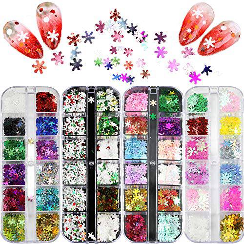 48 Colors Christmas Snowflakes Holographic Nail Sequins,winter Nail Decals,Snowflake Tree Stars Iridescent Flake Nail Glitter Laser Sparkly Confetti DIY Manicure,Body,Eye Makeup