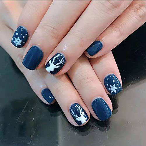 Aceorna Blue Press on Nails Short Square Fake Nails Glossy Snowflake Full Cover Acrylic Nail Reindeer Christmas False Nails for Women and Girls 24PCS