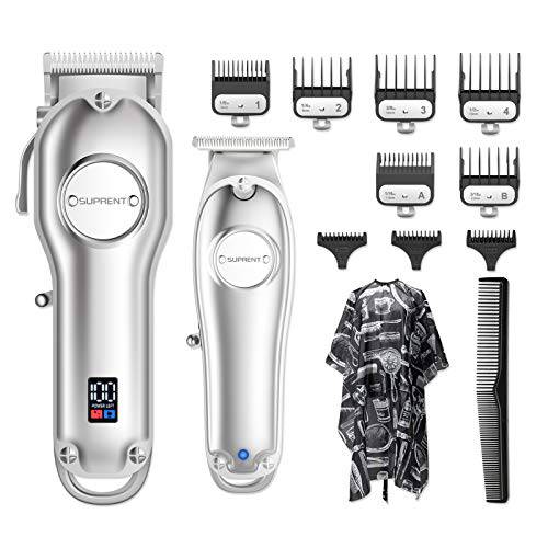SUPRENT® Professional Hair Clippers for Men, Hair Cutting Kit & Zero Gap T-Blade Trimmer Combo, Cordless Barber Clipper Set with LED Display (Silver)