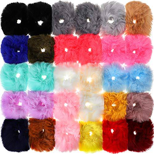 30 Pieces Faux Fur Hair Scrunchies Pompom Ball Elastic Hair Band Fluffy Ponytail Holders Pom Hair Ties for Women Hair Accessories, 21 Colors