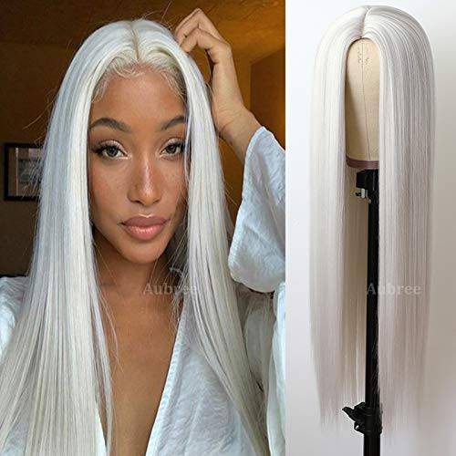 Aubree Platinum White Synthetic Wig Long Straight No Lace Front Breathable Hair Replacement with Natural Hairline Glueless Heat Resistant Wigs for Woman 24 Inch