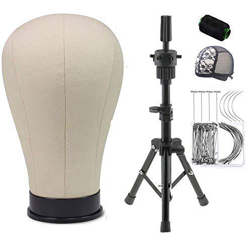 Mannequin Canvas Head with Adjustable MINI Tripod Stand for Wigs DIY Making Salon Display- T-Pins and C-Pins Included (21 Inch, Beige)