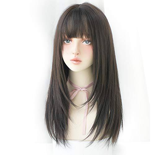 7JHH WIGS Hair Dye Wig for Women Synthetic Hair Natural Long Straight Wig With Bangs (22inch, Black tea)