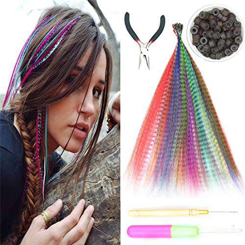 SHUOHAN 40 Pcs Synthetic Feather Hair Extensions With Tools 100 Pcs Micro Hair Beads 1 Crochet Hook and 1 Kit Pliers Feathers Hair Kit