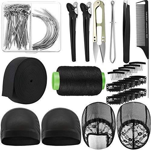 Wig Making Cap Pins Needles Set, Dome Mesh Lace Wig Cap 70 Pieces Pins C Curved Weaving Needles Metal Snap Wig Combs Rat tail Combs Elastic Wig Band Black Hair Clips Scissor Tweezers Wig Sewing