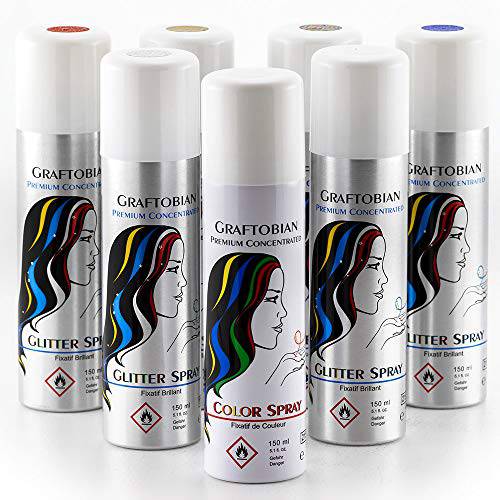Graftobian Hairspray Temporary Hair Color Spray - Rich Color & Easy Wash (Free White Spray), Glitter Spray Set - 150ml