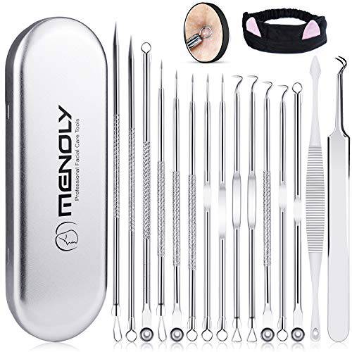 Pimple Popper Tool kit 15 Pcs, MENOLY Comedone Extractor Blackhead Remover Tool Kit for Whitehead Popping, Stainless Steel Pimple Extractor with Metal Case and 10X Beauty Magnifier