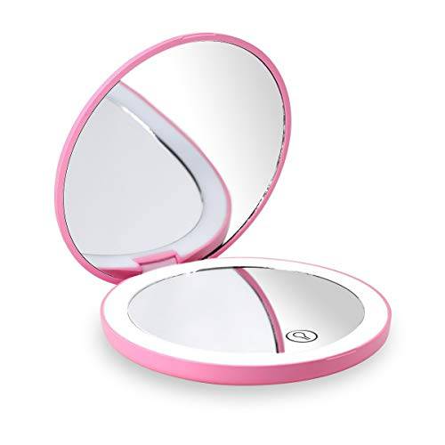 Travel Lighted LED Makeup Mirror 7X/1X Magnification Compact Vanity Mirror with Lights, USB Rechargeable Lighted Handheld Mirror,Dimmable Cosmetic Mirror with Touch Screen Switch,USB Charge (Black)