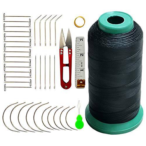 Esffaci 40PCS Hair Weave Needle and Thread Set Black Hair Weft Sewing Thread and Wig T Pins C Curved Needles Kit for Wig Making Blocking Knitting Modelling and Crafts,with Needle Threader and Thimble