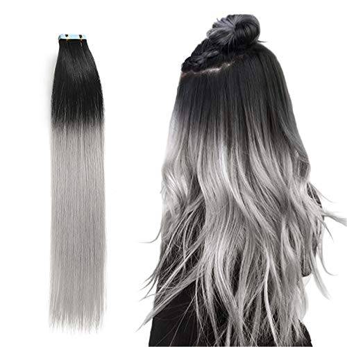 RINBOOOL (Gray Color May Have Slight Color Difference with The Picture Showed) 18 Inch 40g Black to Gray Ombre Tape In Real Remy Brazilian Human Hair Extensions Pre-taped Seamless Invisible 20 Pieces per Pack