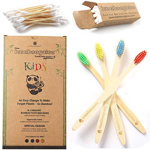 Bamboo Toothbrushes Pack of 5 - Cotton Buds & Dental Floss Included - Organic & 100% Biodegradable - Medium Firm Bristles, Plastic-Free Packaging