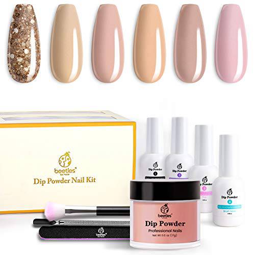 Beetles Dip Powder Nail Kit Starter, 6 Colors Nude Glitter Dipping Powder Set for DIY Salon Nail Art Manicure with Base Top Coat Activator Nail File Gifts for Women