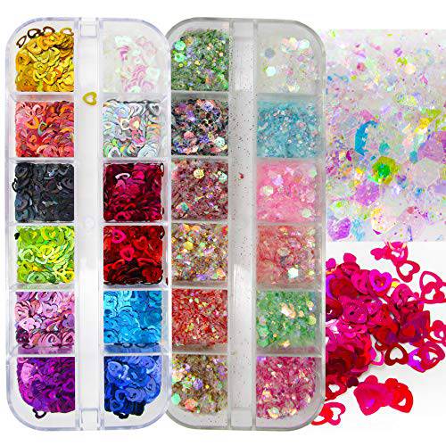 24 Colors Heart Nail Glitter Sequins Holographic Hearts Chunky Glitters Flakes Confetti for Nail Art Designs, Crafts, Resin Epoxy. (Heart)