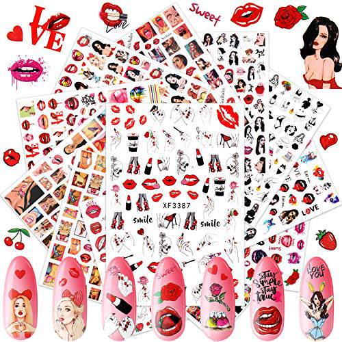 12 Sheets Lips Nail Art Stickers Valentine’s Day Nail Decals Stickers Cool Girls Nail Stickers Self-Adhesive Nail Art Stickers Nail Art Accessories for Women Girls Cool Decoration