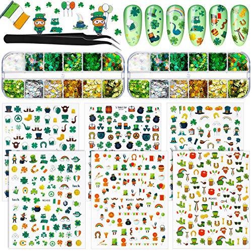 12 Sheets St. Patrick’s Day Nail Art Stickers 3D Self-adhesive Nail Decals and 2 Boxes Shamrock Glitter Nail Sequins Holographic Nail Sequins with Tweezers for St. Patrick’s Day Decoration