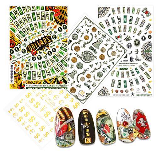 3 Sheets Nail Art Decals of 100 Dollar Sign Bill Nail Accessories Paper Money Design Treasure Currency Nail Stickers Tip