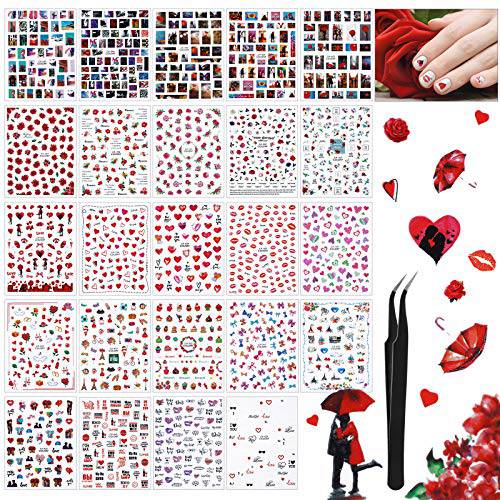 24 Sheets Valentine’s Day Nail Design Sticker Love Nail Decal Sticker 3D Nail Design Sticker Love Heart Kiss Rose Pattern Nail Decoration with Tweezers for Manicure Valentine’s Day Celebrating Female Party