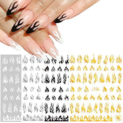 4 Sheets Flame Nail Art Stickers 3D Fire Flame Nail Decals Nail Art Supplies Adhesive Nail Foils White Black Silver Gold Flame Nail Sticker for Acrylic Nails Design Nail Vinyls Stencil Accessories