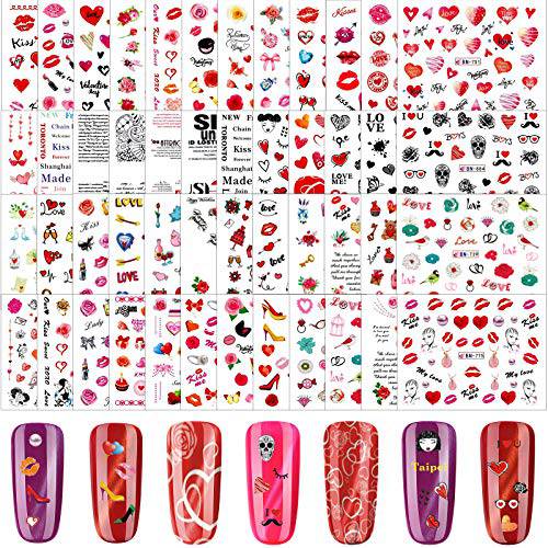 48 Sheets Valentine’s Day Nail Art Stickers Decals Set, Love Rose Heart Nail Art Stickers Multi Color Love Heart Theme Nail Decals Self Adhesive Nail Art Decorations for Women Girls