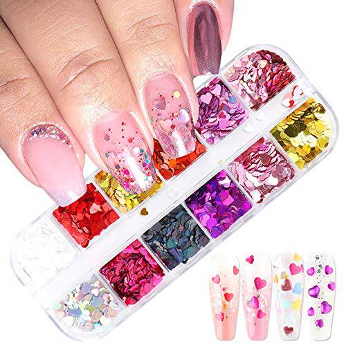 3D Heart Nail Art Glitters Stickers Decals Nail Art Supplies Colorful Love Nail Design Charms Heart Nail Sequins Holographic Laser Flakes Sparkly Foil Nails Accessories Manicure Decorations 12 Grid
