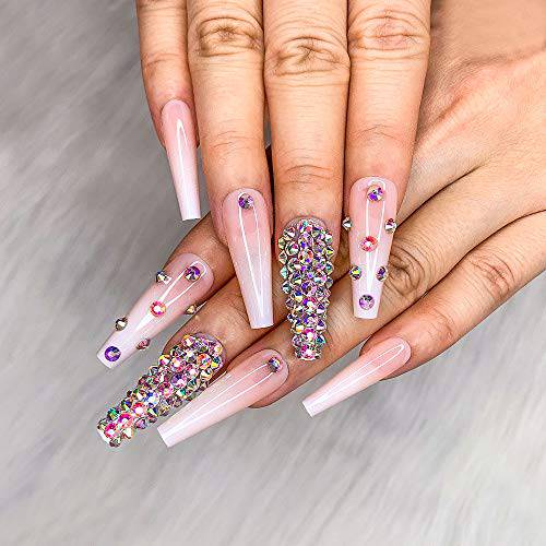 Artquee 24pcs French Nude White Ballerina Diamond Long Glossy Coffin Flash Fake Nails Press on Nail False Tips Manicure for Women and Girls