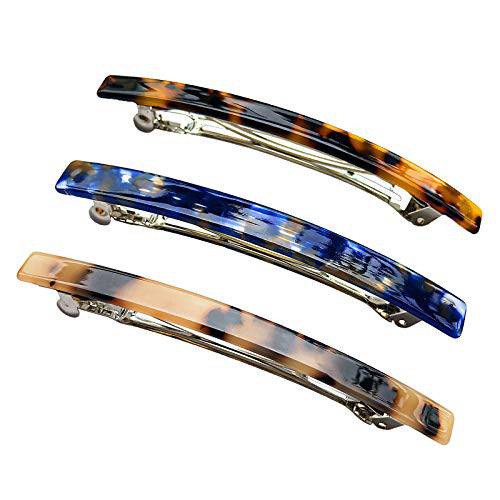 HYFEEL Long French Barrettes for Women Simple Classic Acrylic Resin Hair Clips Tortoise Shell Skinny Large 4 inch No-slip Grip Automatic Clasp Clamp For Thick Hair, 3 Pack