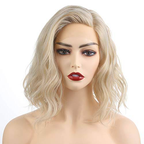 OneDor Shoulder Length Lace Front Short Wavy Hair Bob Wigs for Women (Blonde)