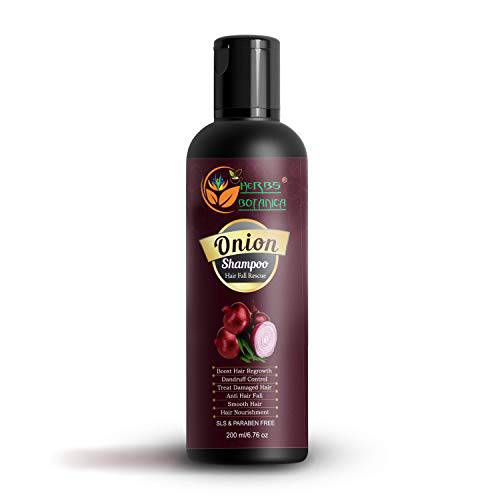 Herbs Botanica Red Onion Hair Growth Shampoo with Caffine Curry Leaf and Indian Alkanet Root | Controls Hair Fall Control & Dandruff 6.76 fl oz / 200 ml