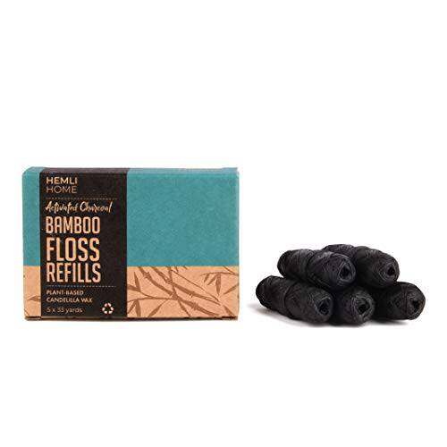 Vegan Bamboo Charcoal Dental Floss Refills 5-Pack | 5 x 33 Yards | Eco-Friendly Floss - Plant-Based Candelilla Wax Floss with Natural Mint Flavoring