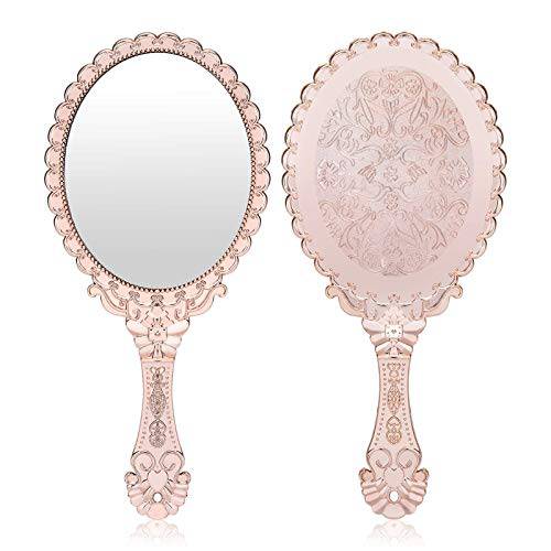 YUSONG Handheld Mirror with Handle, Makeup Compact Hand Mirror for Women Travel Small Vintage Purse Mirrors with Handle, Hand Held Packet Mini Mirror for Girls Decorative Embossed Flower (Rose Gold)