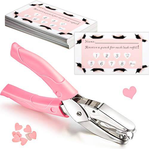 150 Pieces Heart Shaped Lash Extension Refill Filler Loyalty Punch Cards with Metal Single Handheld Hole Paper Punch Puncher for Eyelash Extensions Business Beauty Salons DIY Craft Decoration