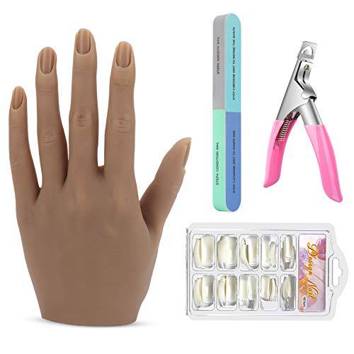 Silicone Practice Hand for Acrylic Nails, Flexible Bendable Nail Training Hand Practice Hand, Soft Touch Fake Nail Mannequin Hand Nail Tools Kit with 100pcs Practice Nail Tips,File,Cutter