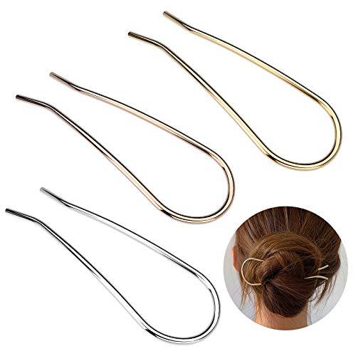 HYFEEL Metal Hair Fork 4.6 inch Simple U Shape Updo Hair Sticks Alloy Gold-plated 2 Prong Bun Hair Pins Clips Grips for Women Thick Hair Styling Tool Accessories, 3 Pack, Gold, Rose Gold, Silver