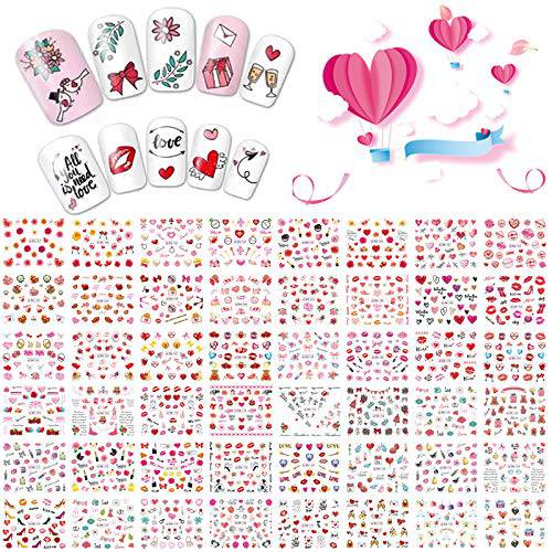 MiaoWu 50 Sheets Love Valentine Theme Nail Stickers Nail Art Decorations Red Rose Lipstick Flower Lip Balloon Champagne Glass Lips Heart High Heels Patterns Water Transfer Decals for Women Girls