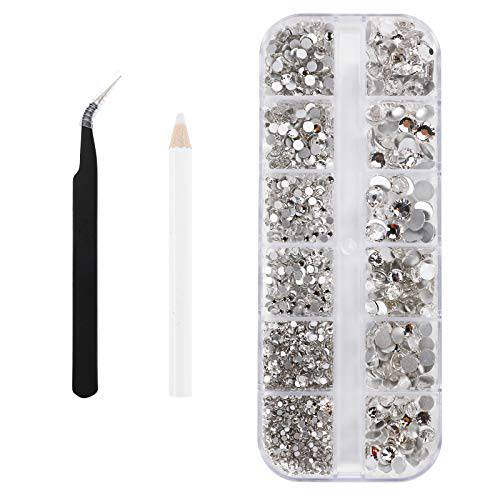 2000PCS Clear Rhinestones, Round Flat Back Gems Gemstones for Crafts Nails, Glass Diamonds with Tweezer and Wax Pencil for Acrylic Nails Face Eye Makeup Clothes Decoration( 6 Sizes, 1.5-6mm)