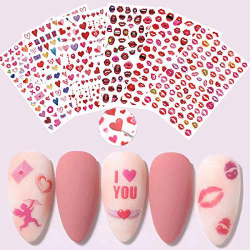 Valentines Day Nail Art Stickers Valentine Heart Nails Decals Nail Art Supplies Self- Adhesive Lips Heart XO Love Nail Stickers for Women Girls Nail Decorations Designs Nail Decor Manicure Sets 6PCS