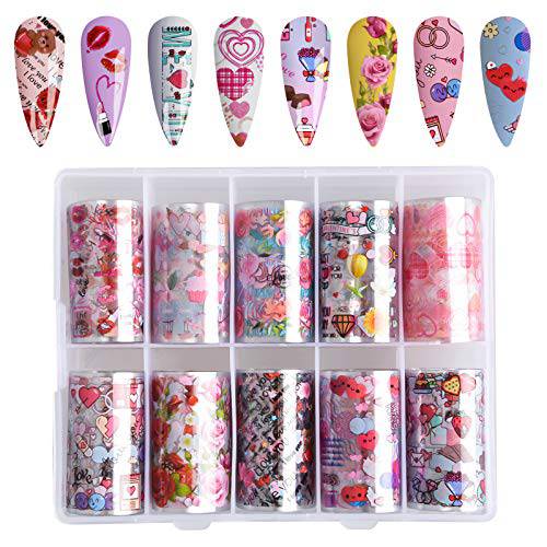 10 Rolls Flower Nail Foil, Kalolary Transfer Stickers Nail Art Decals Red Lips Romantic Rose Nail Art Supplies Nail Art Stickers Flower Heart Pattern for DIY Nail Art (style2)
