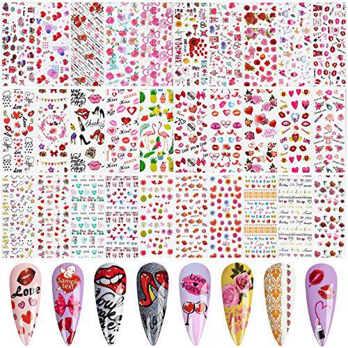 50PCS Flowers Heart Nail Foil Transfer Stickers, EBANKU Multiple Style Nail Foil Lips Heart Flower Nail Art Transfer Stickers Decals, for Valentine’s Day Nail Art DIY Decoration