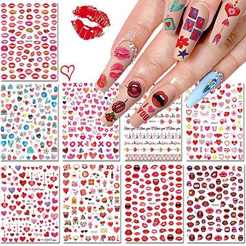 9 Sheets Valentine’s Day Nail Art Stickers 3D Self-Adhesive Nails Art Designs Lips Heart Letters Love Kiss Rose Pattern Nail Decals for Women Girls Manicure Decorations Sexy Acrylic Nails Supplies