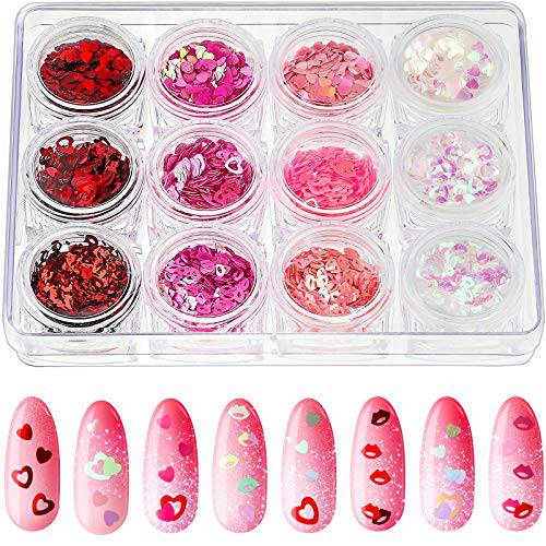 12 Boxes Valentine’s Day Nail Glitter Heart Nail Sequins Holographic Red Pink Heart and Hollow Heart Lip Sequins 3D Nail Laser Flakes for Women Girls Makeup Nail Decoration (Vivid Color)
